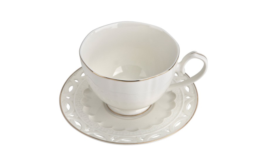 Komplet filiżanek 6x250 ml Veroni Nina ecru złoto | Elegancki prezent ślubny i na Dzień Matki