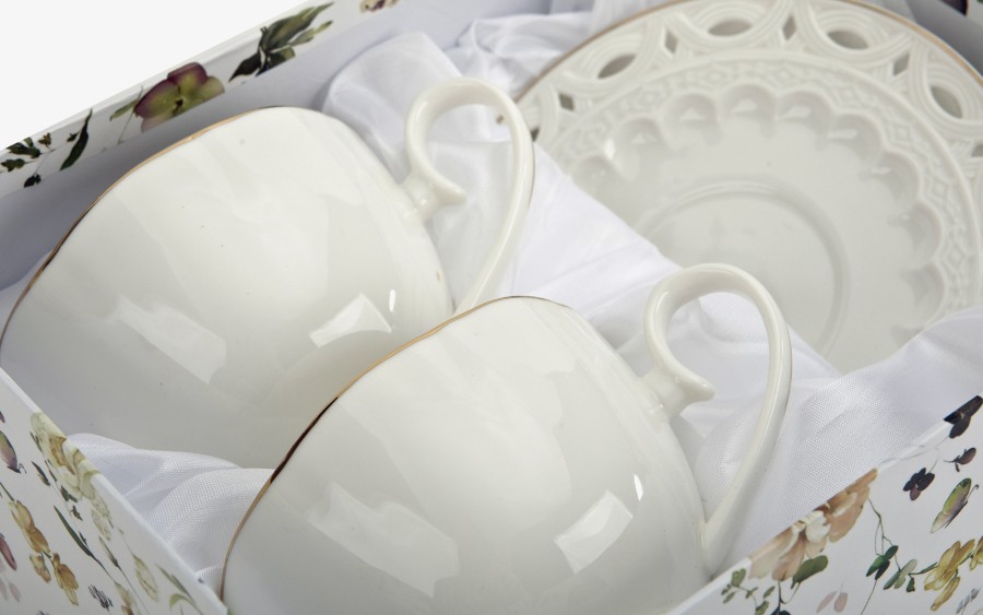 Komplet filiżanek 6x250 ml Veroni Nina ecru złoto | Elegancki prezent ślubny i na Dzień Matki