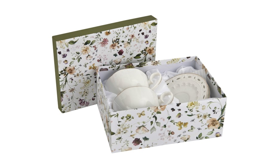 Komplet filiżanek 6x250 ml Veroni Nina ecru złoto | Elegancki prezent ślubny i na Dzień Matki