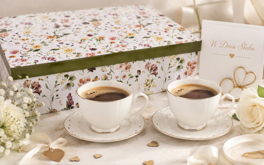 Komplet filiżanek 6x250 ml Veroni Nina ecru złoto | Elegancki prezent ślubny i na Dzień Matki