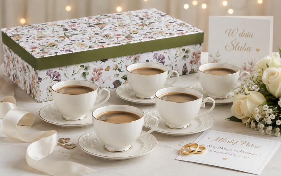 Komplet filiżanek 6x250 ml Veroni Nina ecru złoto | Elegancki prezent ślubny i na Dzień Matki