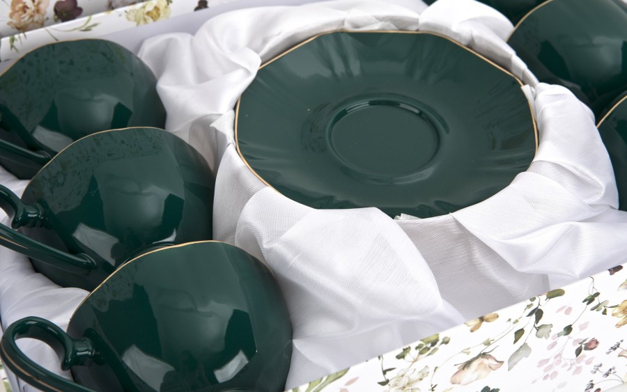 Komplet filiżanek 6x250 ml Veroni Royal Green| Elegancki prezent ślubny i na Dzień Matki