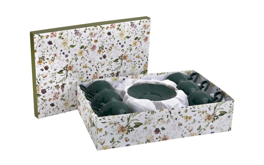 Komplet filiżanek 6x250 ml Veroni Royal Green| Elegancki prezent ślubny i na Dzień Matki