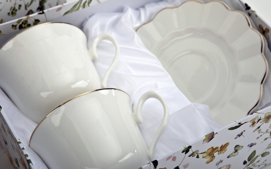 Komplet filiżanek 6x250 ml Veroni Nina ecru złoto | Elegancki prezent ślubny i na Dzień Matki