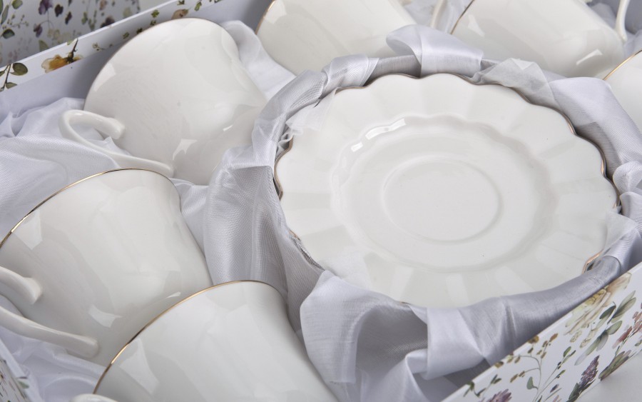 Komplet filiżanek 6x250 ml Veroni Nina ecru złoto | Elegancki prezent ślubny i na Dzień Matki