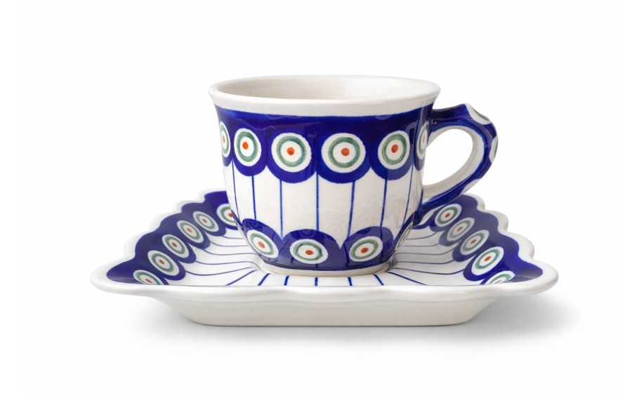 Filiżanka ceramiczna 150 ml  Bolesławiec „Pawie Oczka” ze spodkiem 14x14 cm