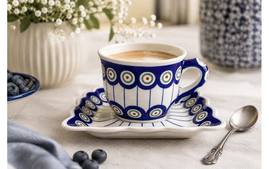 Filiżanka ceramiczna 150 ml  Bolesławiec „Pawie Oczka” ze spodkiem 14x14 cm