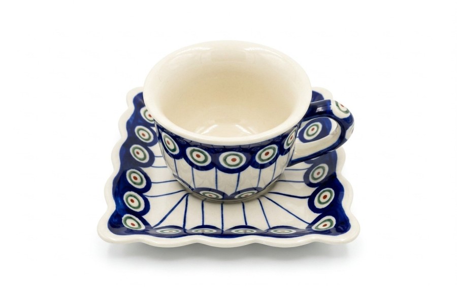 Filiżanka ceramiczna 150 ml  Bolesławiec „Pawie Oczka” ze spodkiem 14x14 cm