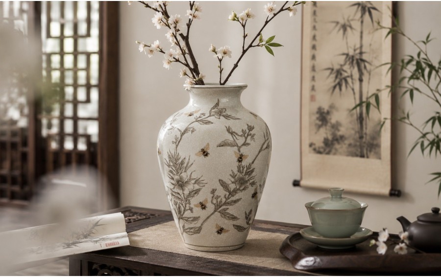 Wazon porcelanowy 30 cm z motywem kwiatów i pszczół