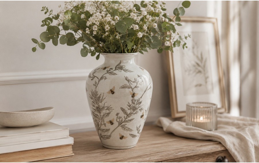 Wazon porcelanowy 30 cm z motywem kwiatów i pszczół