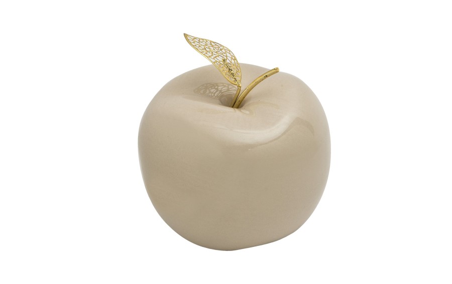 Jabłko ceramiczne 12 cm beżowe ze złotym listkiem | Ozdoba dekoracyjna Ewax