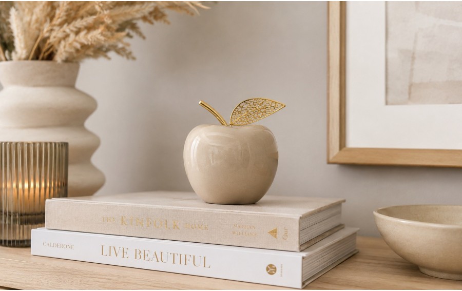 Jabłko ceramiczne 12 cm beżowe ze złotym listkiem | Ozdoba dekoracyjna Ewax