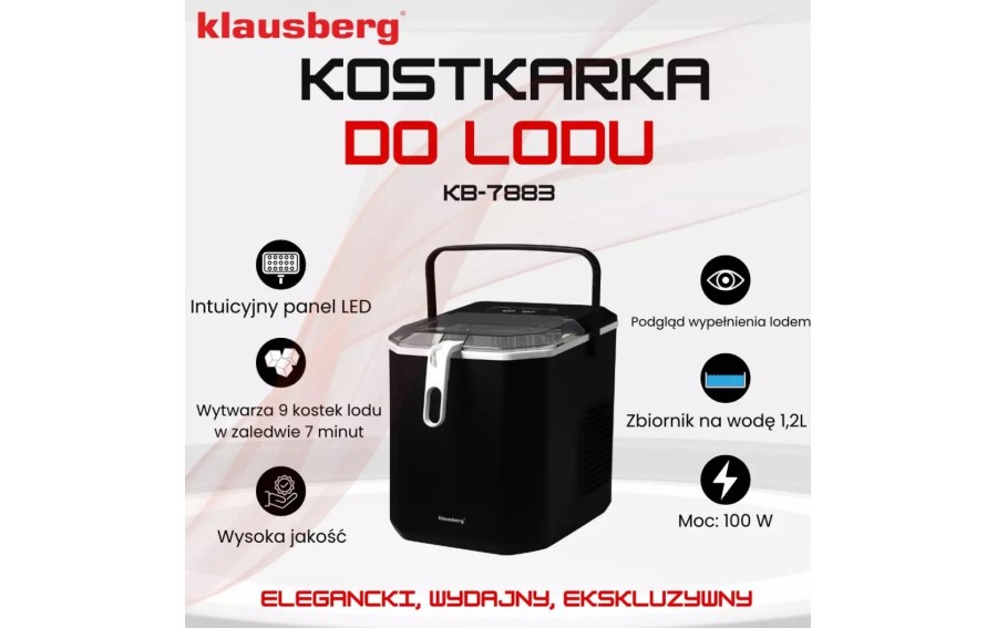 Automatyczna kostkarka do lodu Klausberg KB-7883 o mocy 100 W. Produkuje do 12 kg lodu na dobę, 9 kostek w 7–12 minut, posiada z