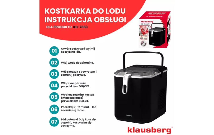 Automatyczna kostkarka do lodu Klausberg KB-7883 o mocy 100 W. Produkuje do 12 kg lodu na dobę, 9 kostek w 7–12 minut, posiada z