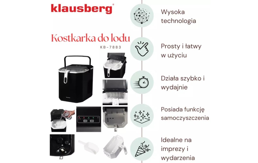 Automatyczna kostkarka do lodu Klausberg KB-7883 o mocy 100 W. Produkuje do 12 kg lodu na dobę, 9 kostek w 7–12 minut, posiada z