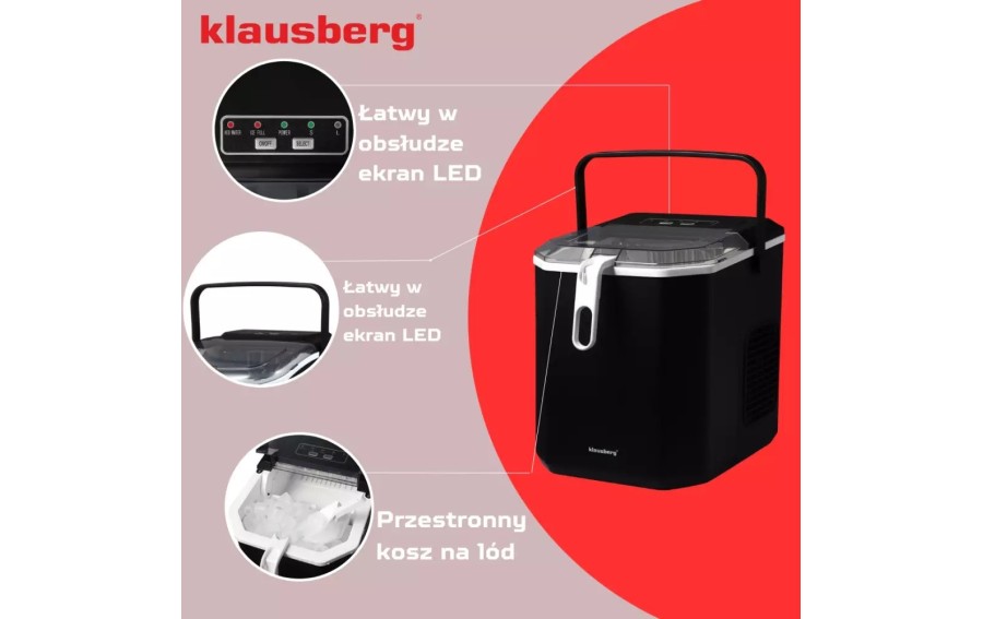 Automatyczna kostkarka do lodu Klausberg KB-7883 o mocy 100 W. Produkuje do 12 kg lodu na dobę, 9 kostek w 7–12 minut, posiada z