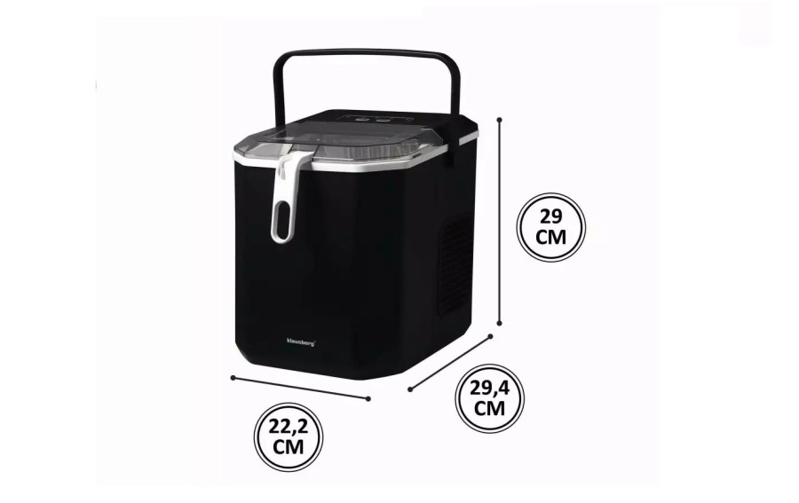 Automatyczna kostkarka do lodu Klausberg KB-7883 o mocy 100 W. Produkuje do 12 kg lodu na dobę, 9 kostek w 7–12 minut, posiada z