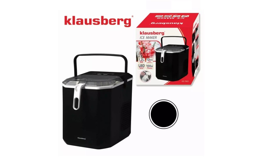 Automatyczna kostkarka do lodu Klausberg KB-7883 o mocy 100 W. Produkuje do 12 kg lodu na dobę, 9 kostek w 7–12 minut, posiada z