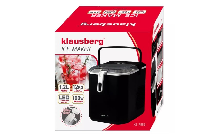 Automatyczna kostkarka do lodu Klausberg KB-7883 o mocy 100 W. Produkuje do 12 kg lodu na dobę, 9 kostek w 7–12 minut, posiada z