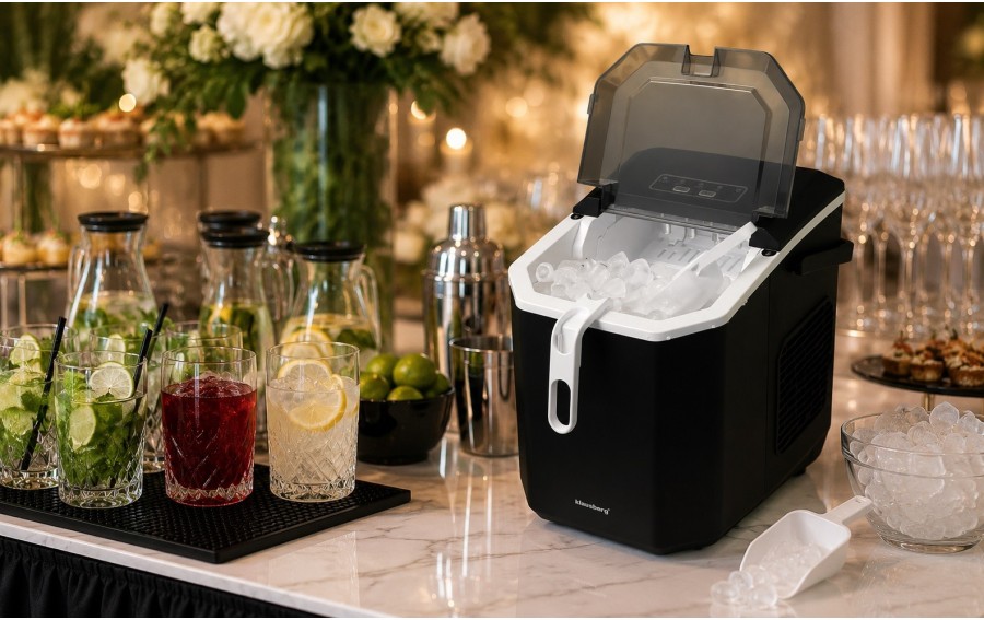 Automatyczna kostkarka do lodu Klausberg KB-7883 o mocy 100 W. Produkuje do 12 kg lodu na dobę, 9 kostek w 7–12 minut, posiada z