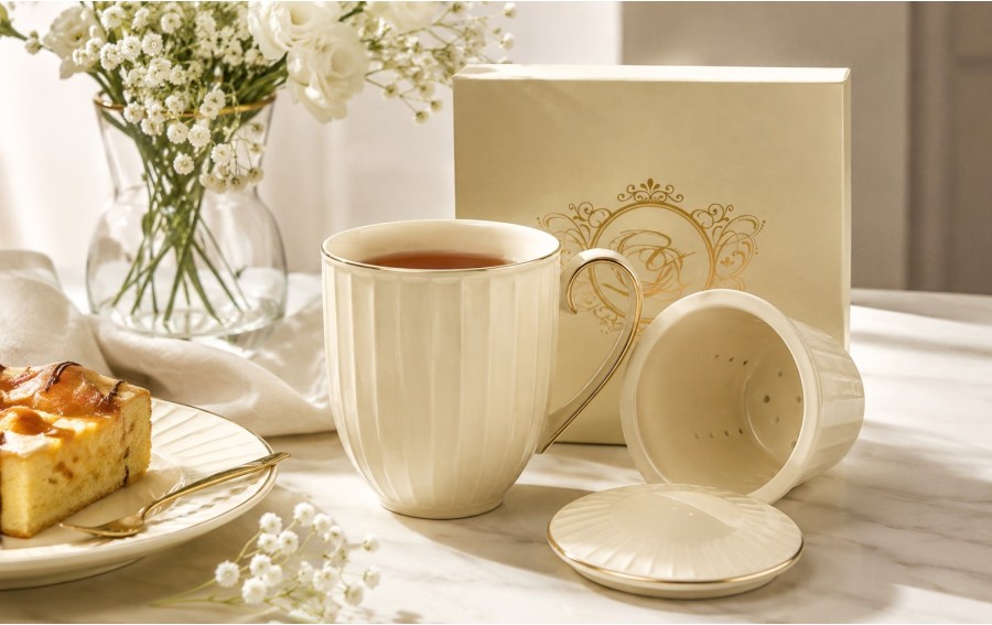 Kubek porcelanowy  z zaparzaczem NINA ECRU Exclusive New Bone China