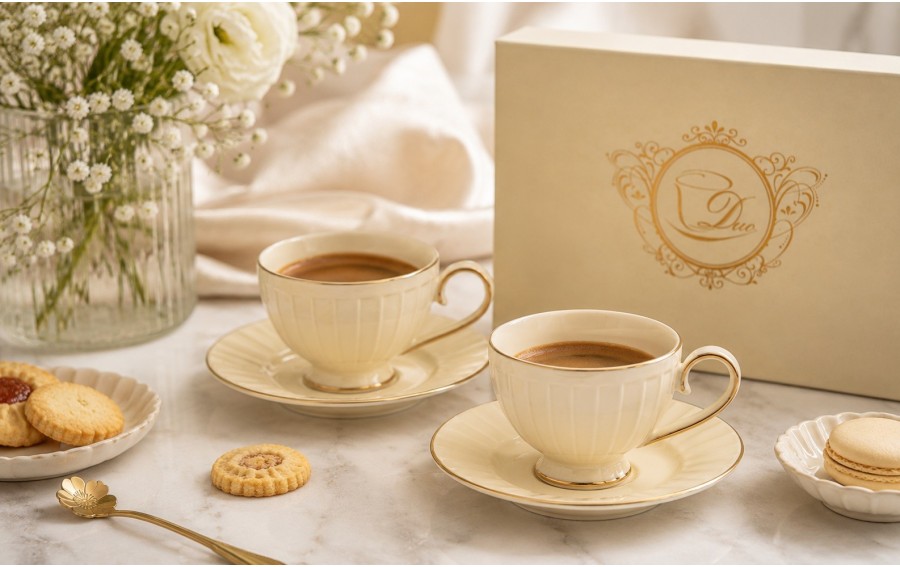 Komplet 2 filiżanek do espresso 120 ml + spodki Nina Ecru