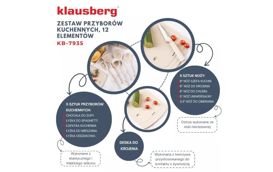 Zestaw noży i przyborów kuchennych z deską 12 elementów Kaszmir KB-7935