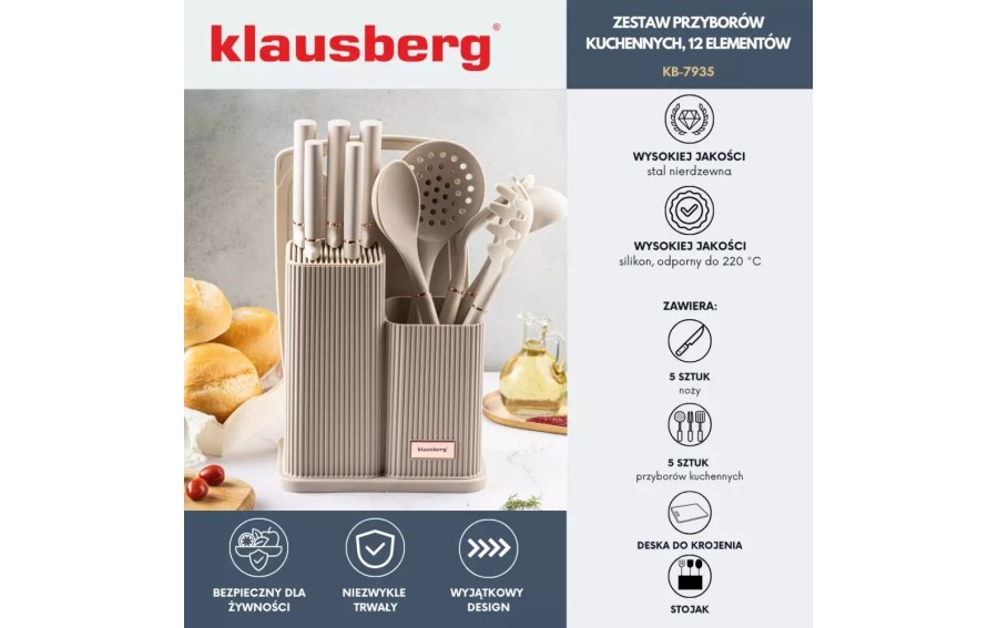 Zestaw noży i przyborów kuchennych z deską 12 elementów Kaszmir KB-7935