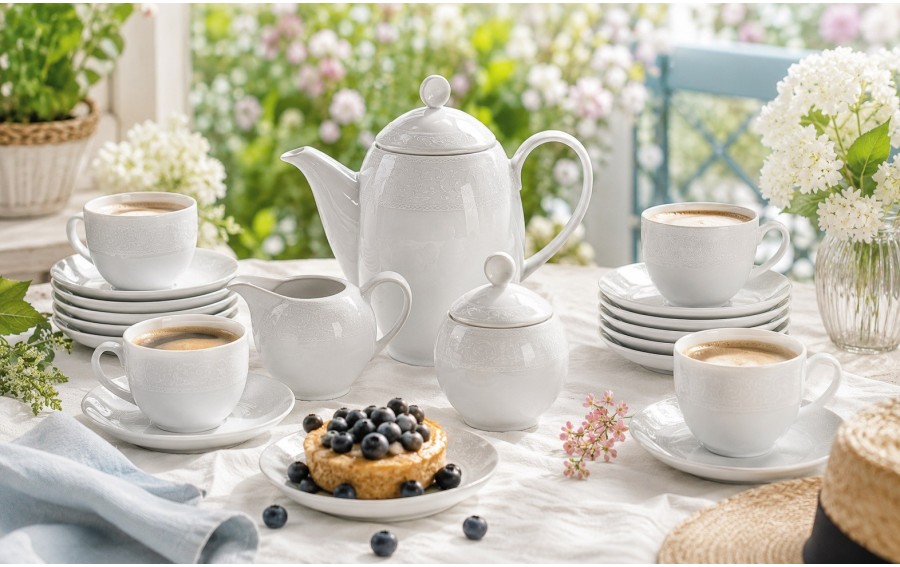 Serwis kawowy 12 os. 15 el. WA-98 Biała Koronka | Polska porcelana