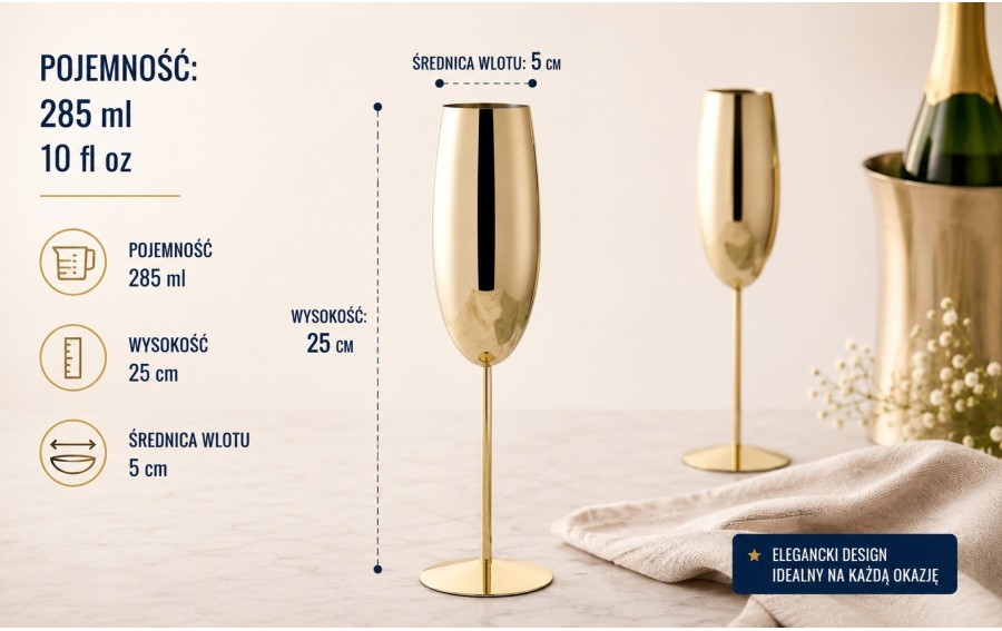 Zestaw 2 złotych kieliszków do szampana 280 ml
