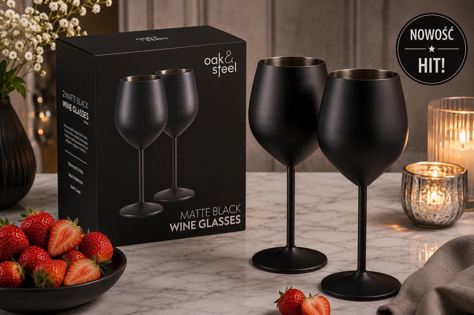 Komplet 2 kieliszków do wina 500 ml czarne matowe nietłukące