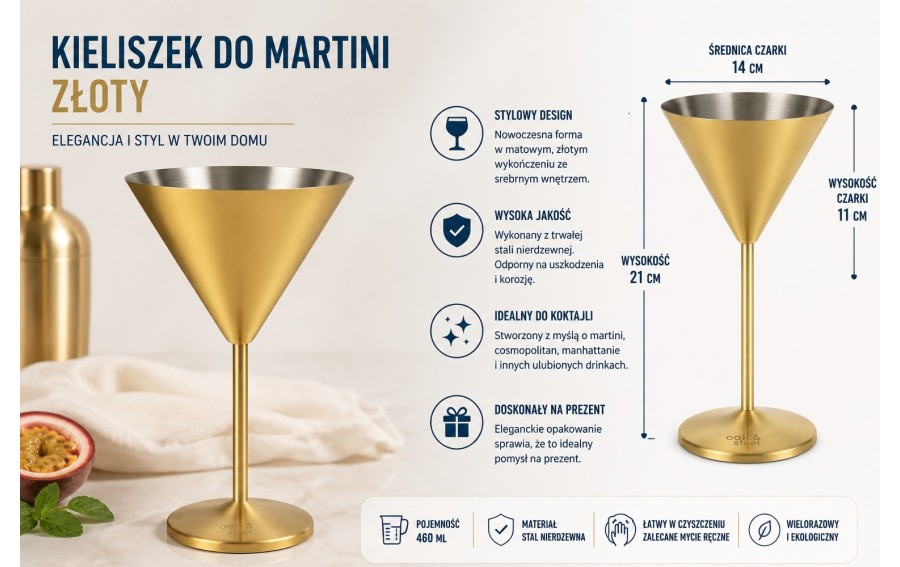 Zestaw 4 złotych kieliszków do martini 460 ml Redfit