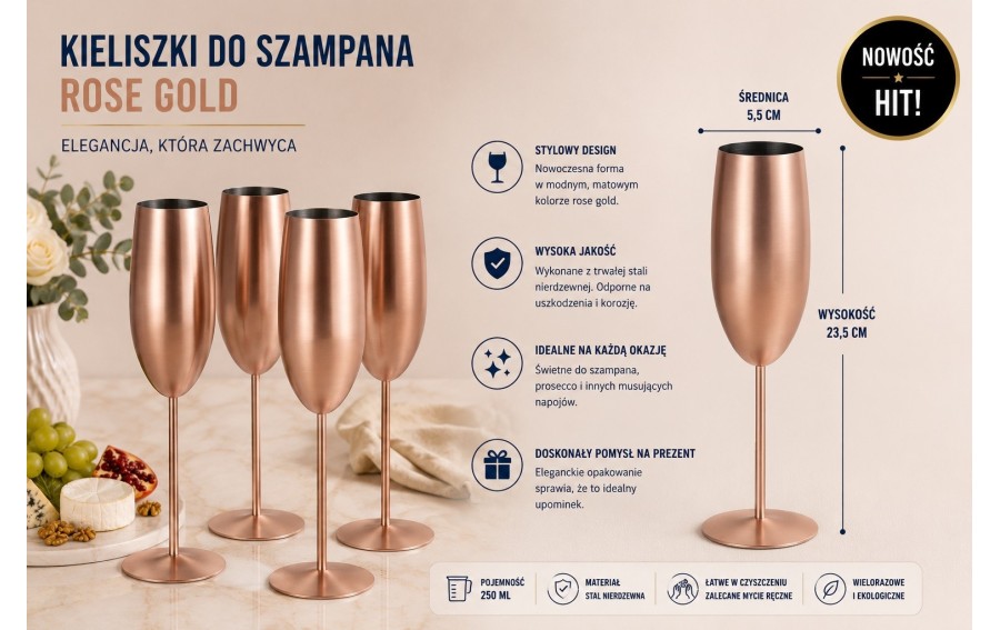 Zestaw 4 kieliszków do szampana 280 ml rose gold