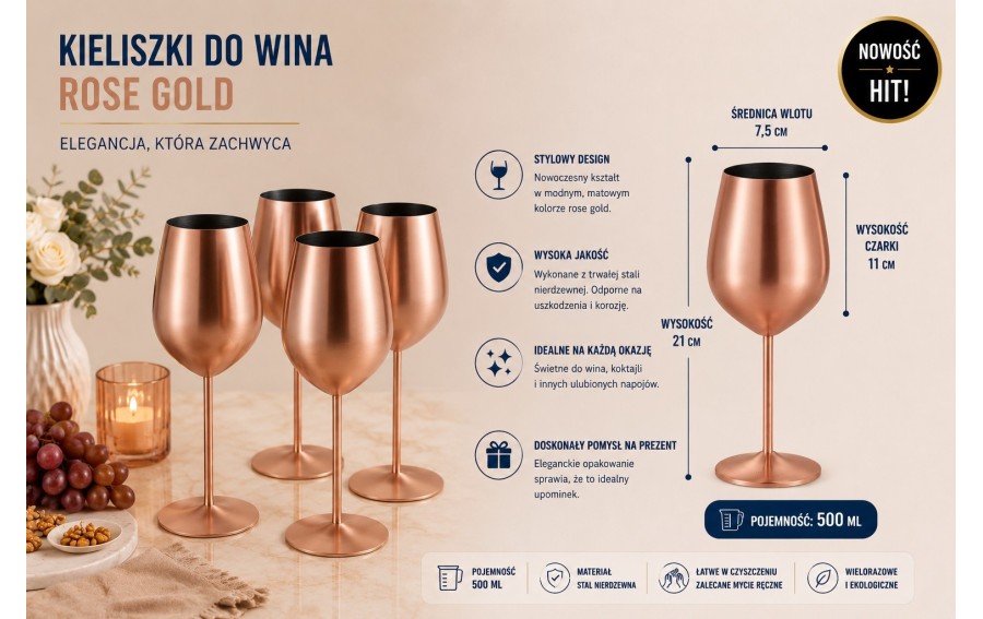 Zestaw 4 różowo złotych kieliszków do wina 500 ml Redfit