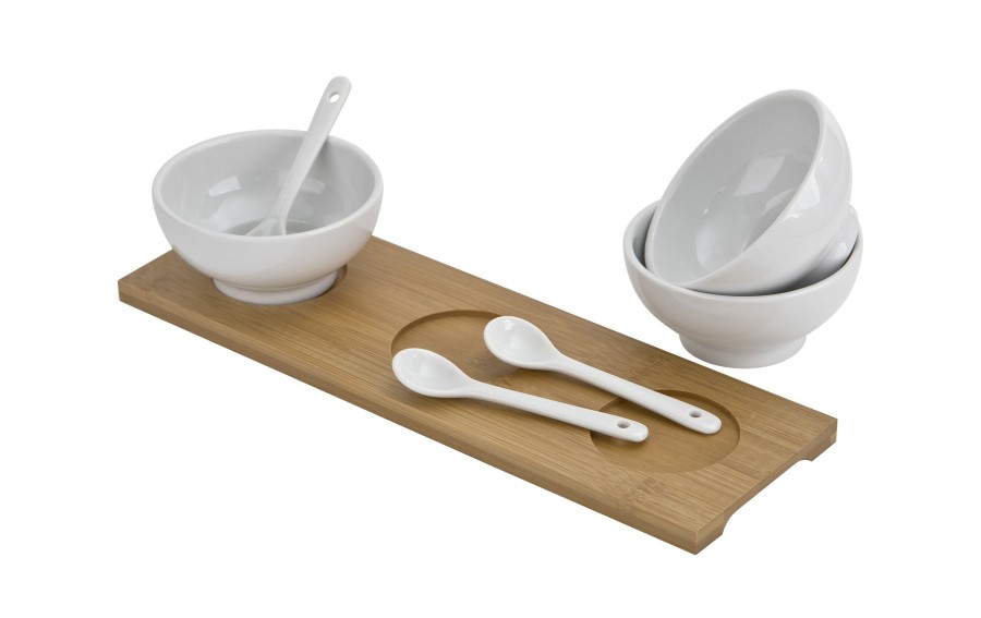 Zestaw do serwowania z 3 porcelanowymi miseczkami i bambusową podstawką