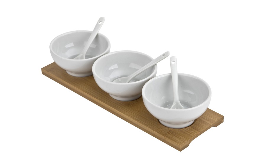 Zestaw do serwowania z 3 porcelanowymi miseczkami i bambusową podstawką
