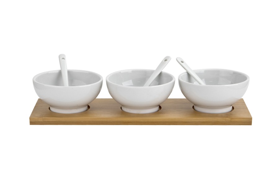 Zestaw do serwowania z 3 porcelanowymi miseczkami i bambusową podstawką