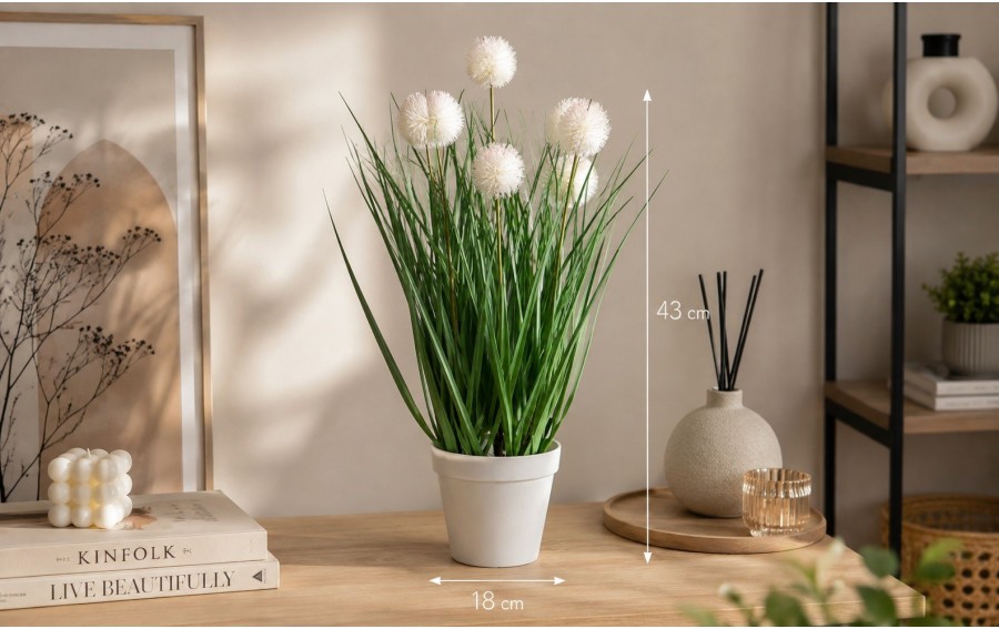 Sztuczna trawa z białymi kwiatami Dekor-Pap 43 cm