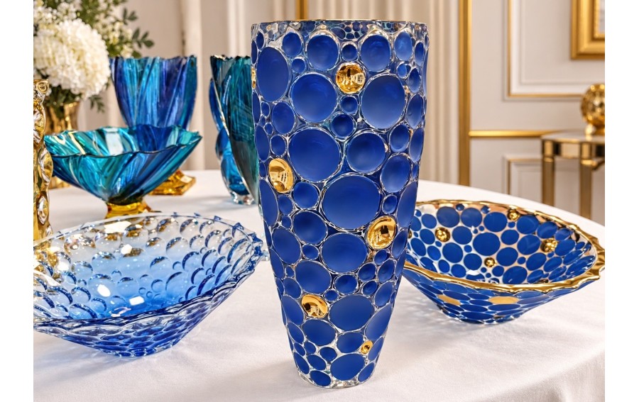 Bohemia Lisboa Gold Blue wazon kryształowy 35 cm