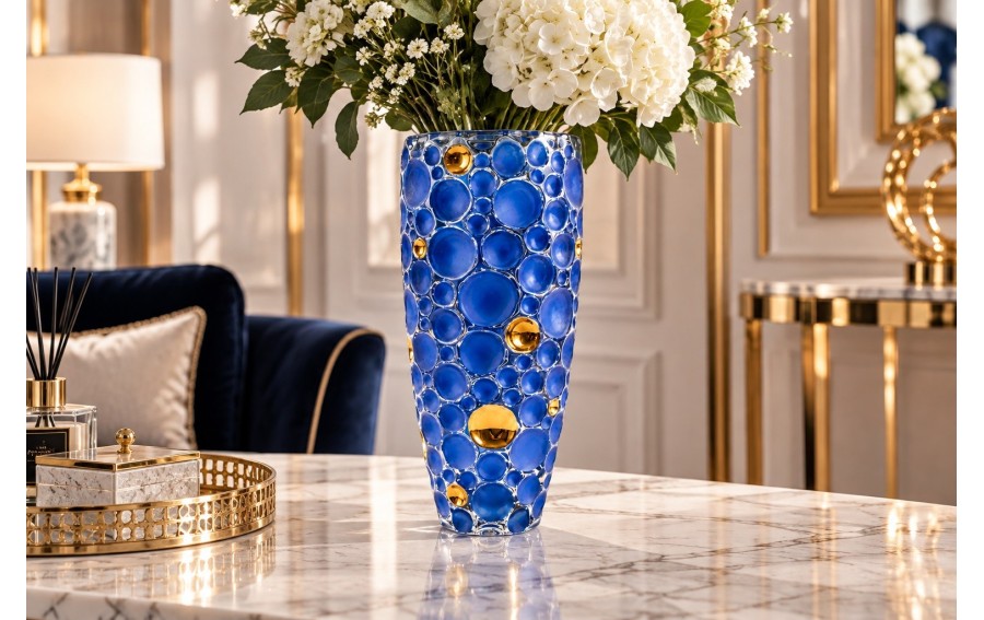 Bohemia Lisboa Gold Blue wazon kryształowy 35 cm