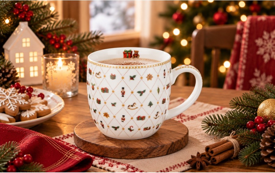 Kubek Ornament Joy 460 ml w koszyczku świątecznym