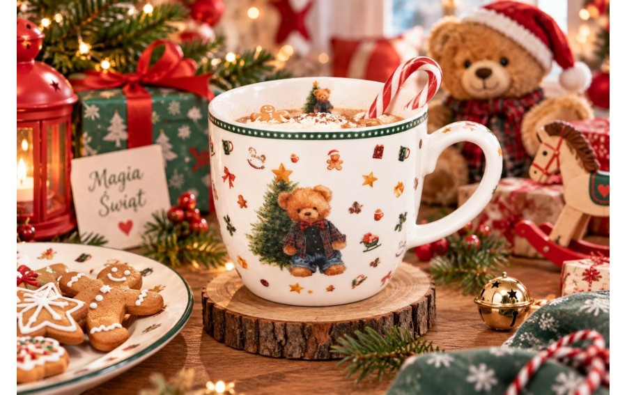 Kubek świąteczny TEDDY NOEL 460 ml w koszyczku
