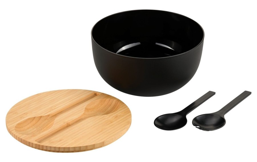 Misa do sałaty 24 cm z bambusową pokrywką i sztućcami, czarna KESPER 58470