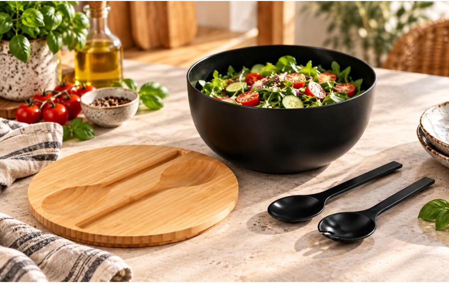 Misa do sałaty 24 cm z bambusową pokrywką i sztućcami, czarna KESPER 58470