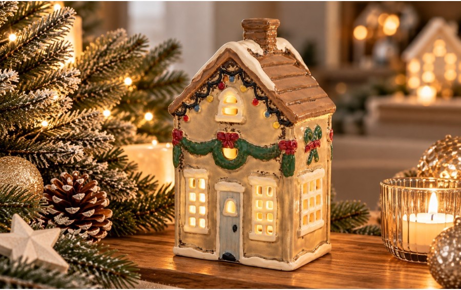 Domek ceramiczny świąteczny na tealight beżowy 21 cm Ewax