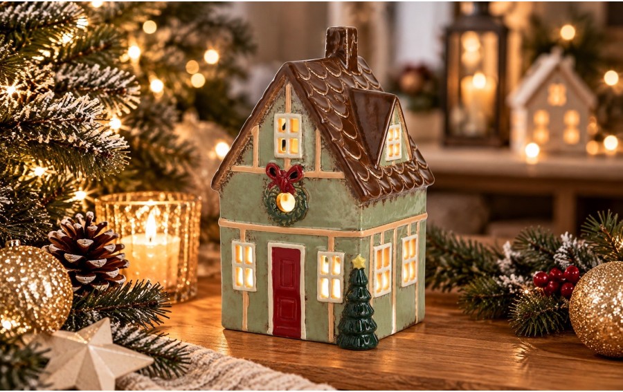 Domek ceramiczny świąteczny na tealight miętowy 21 cm Ewax