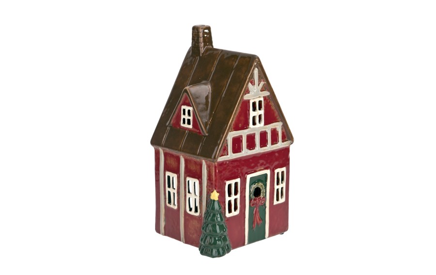 Domek ceramiczny świąteczny na tealight czerwony 21 cm Ewax