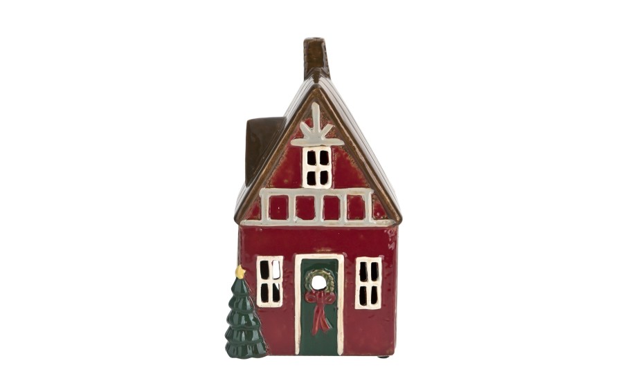 Domek ceramiczny świąteczny na tealight czerwony 21 cm Ewax