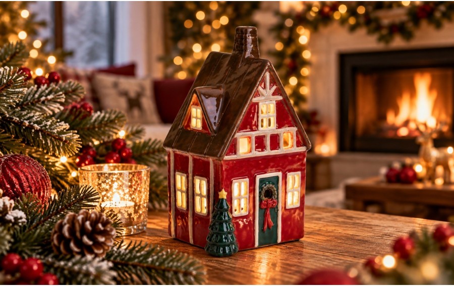 Domek ceramiczny świąteczny na tealight czerwony 21 cm Ewax
